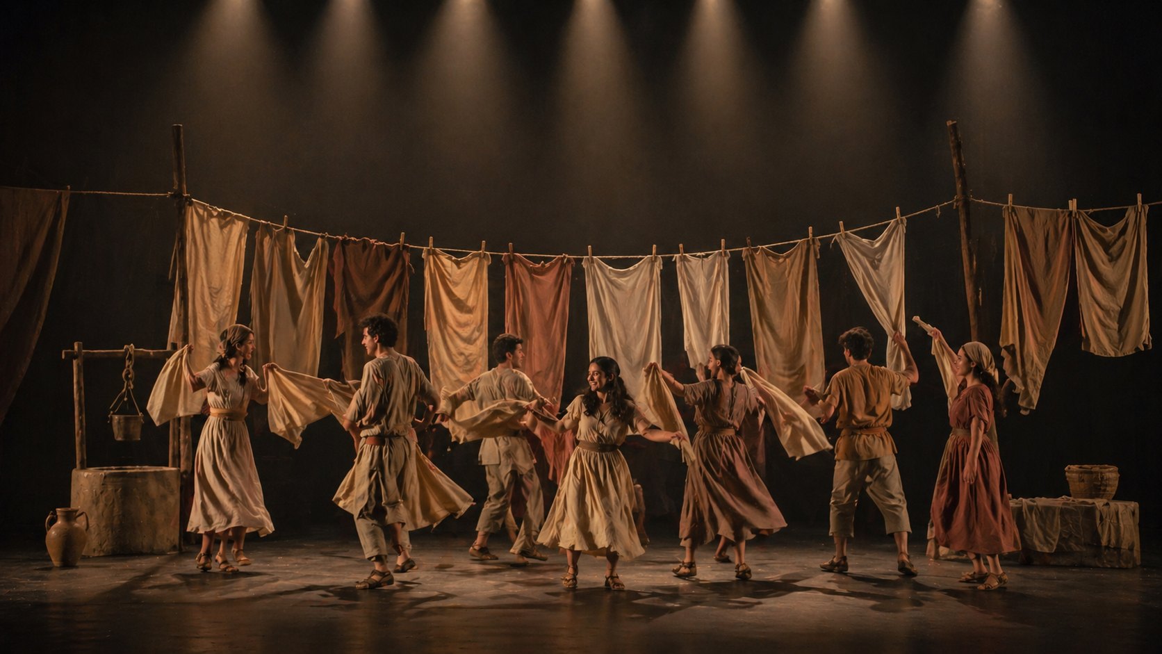Escena de l’espectacle amb roba estesa i intèrprets ballant